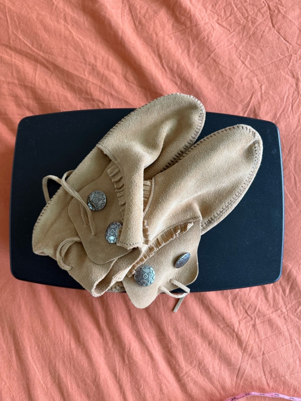 Minnetonka Tan Suede Moccasins with Silver Concho Accent